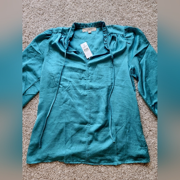 LOFT Ruffle Tie Neck Mixed Media Blouse Small - Picture 3 of 4